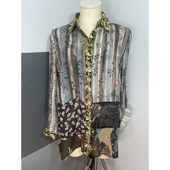 John Mark Tops - John Mark PM Mixed Print Patchwork Tunic Roll Tab Button Down Blouse Bird Artsy